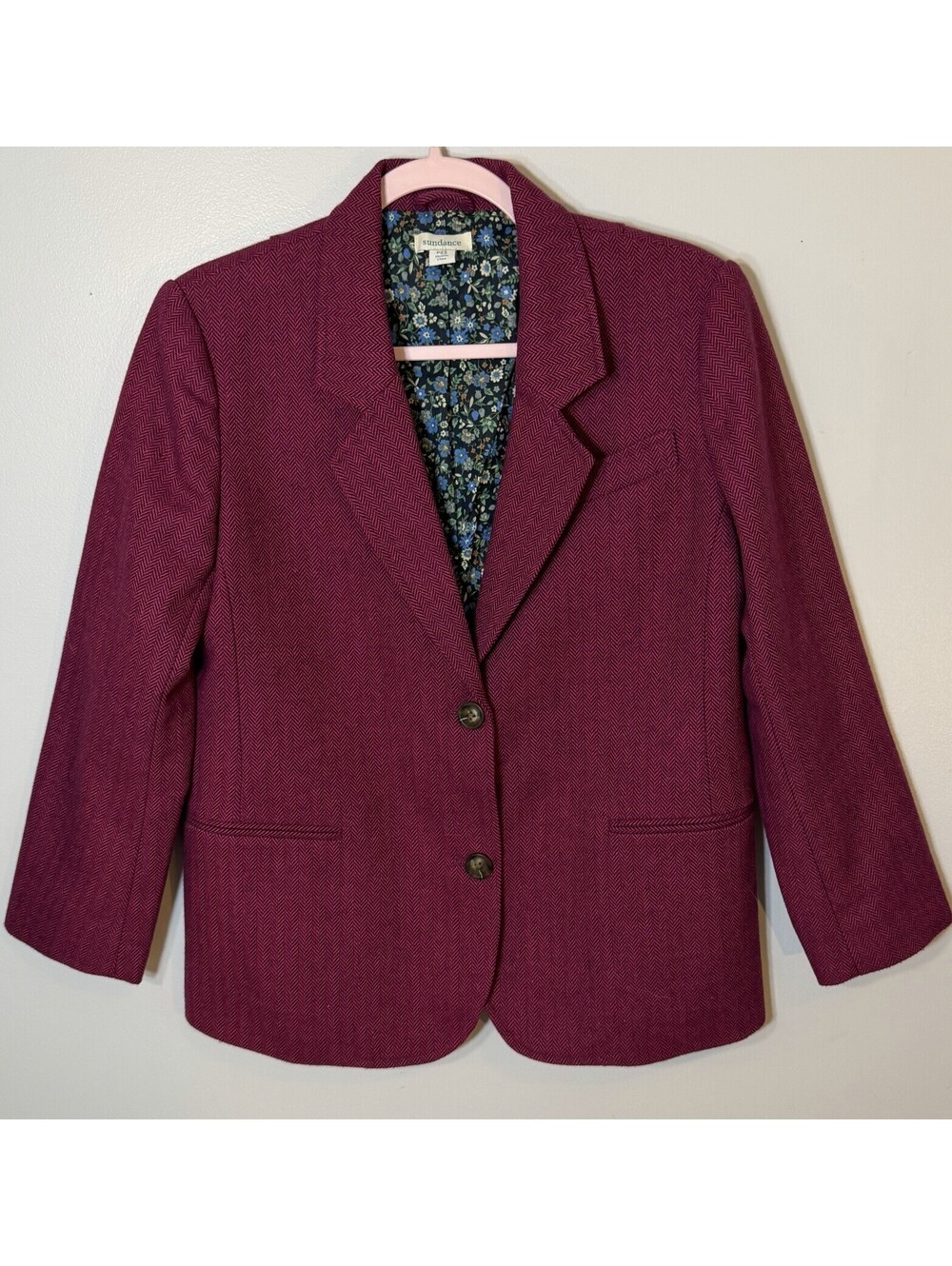 Sundance Magenta Herringbone Wool Blazer Coat Jacket Floral Lining PXS EUC